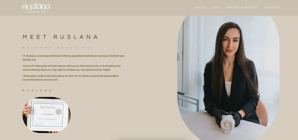 Ruslana Aesthetics - website developed in Bothell WA